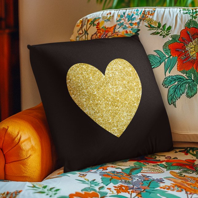 Schwarz-Gold-Glitzer-Foto Herz Kissen (Black and Gold Glitter Photo Heart Throw Pillow)