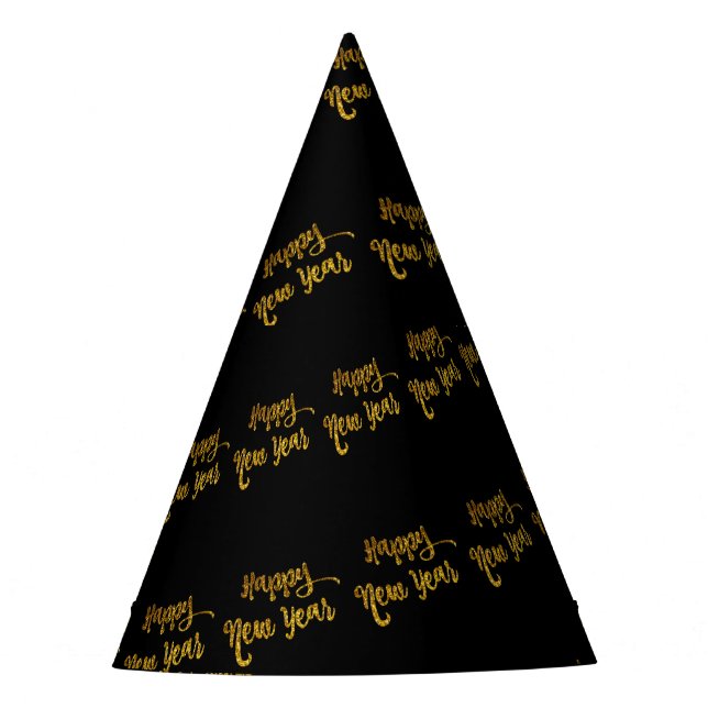 Schwarz & Gold Glitzer Frohes neues Jahr Party Hat Partyhütchen (Vorderseite)