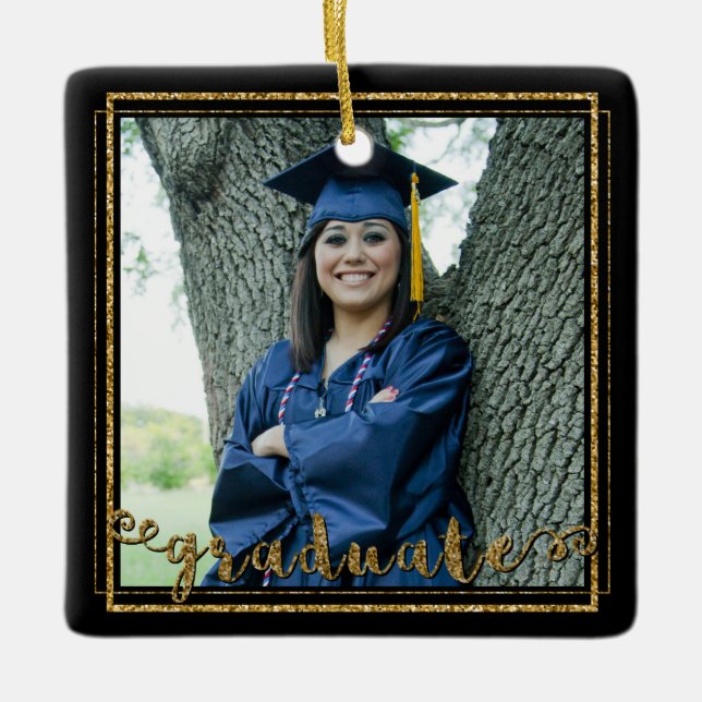 Schwarz-Gold-Glitzer-GRADUAT (Bearbeitbare Farbe) Keramikornament (Vorderseite)