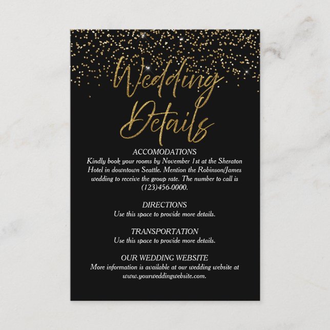 Schwarz-Gold-Glitzer-Hochzeitskarte Begleitkarte (Vorderseite)