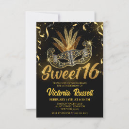 Schwarz-Gold Glitzer Masquerade Maske Sweet 16 Einladung