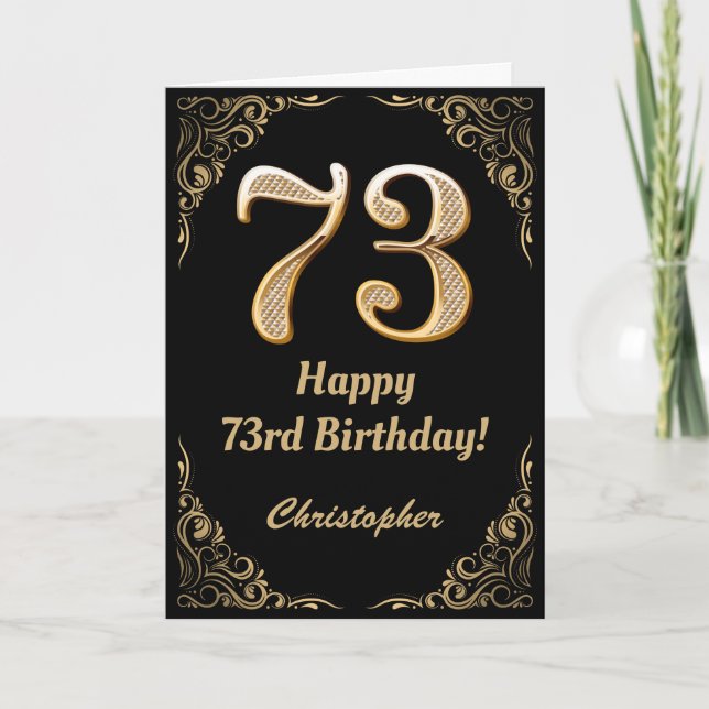 Schwarz-Gold-Glitzer-Rahmen zum 73. Geburtstag Karte (Vorderseite)