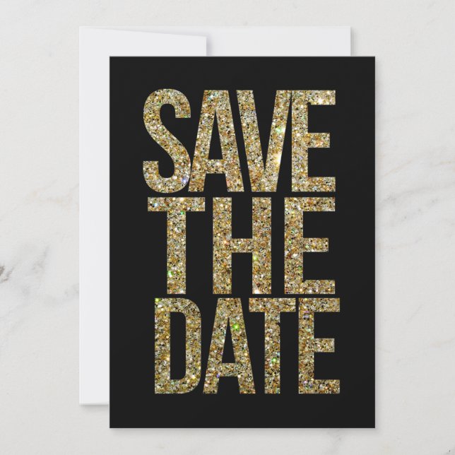 Schwarz-Gold-Glitzer Save the Date Typografie (Vorderseite)