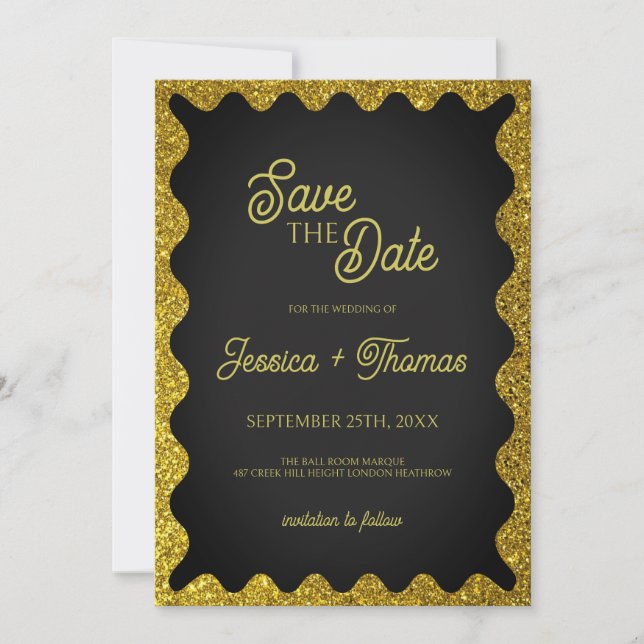 Schwarz-Gold-Glitzer: Wavy Retro Save the Date Einladung (Vorderseite)