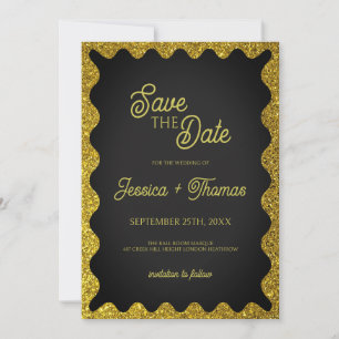 Schwarz-Gold-Glitzer: Wavy Retro Save the Date Einladung