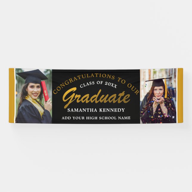 Schwarz-Gold-Glückwunsch Grad 2 Foto Abschluss Banner (Horizontal)
