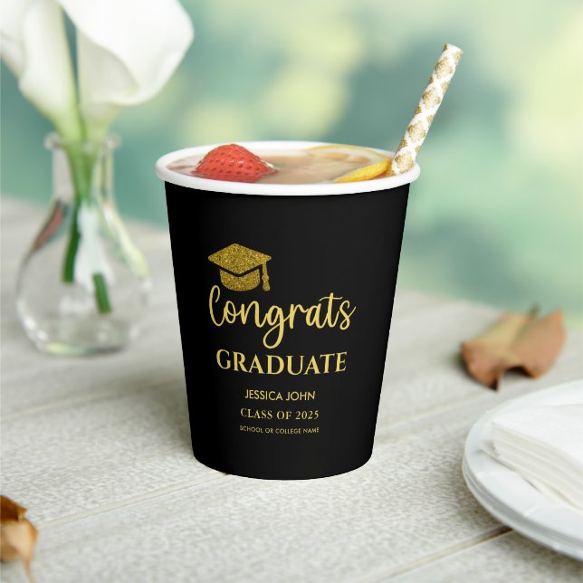 Schwarz-Gold-Glückwunsch-Graduate-Abschluss Pappbecher (In Situ)