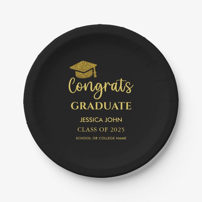 Schwarz-Gold-Glückwunsch-Graduate-Abschluss Pappteller (Vorderseite)
