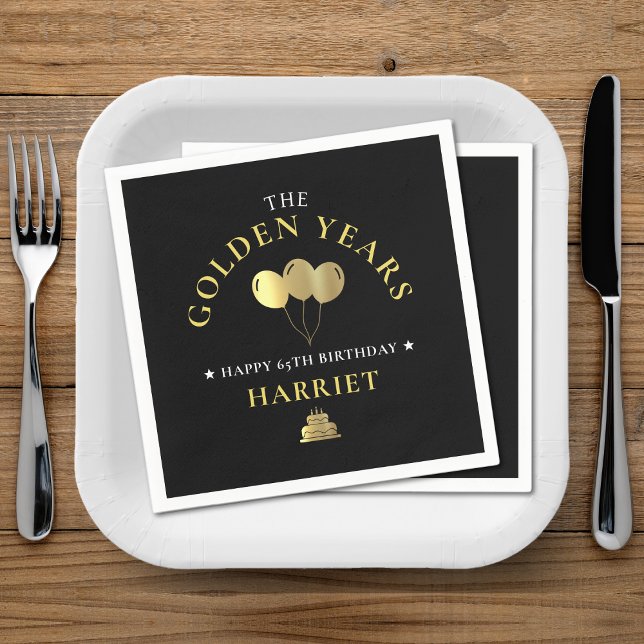 Schwarz & Gold Golden Years 65. Geburtstag Serviette (Black & Gold Golden Years 65th Birthday Napkins)