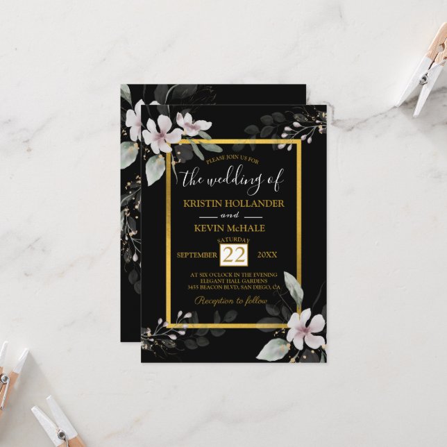 Schwarz-Gold-Gothic Dusty Weiße Blume Aquarell Einladung (Vorderseite/Rückseite Beispiel)