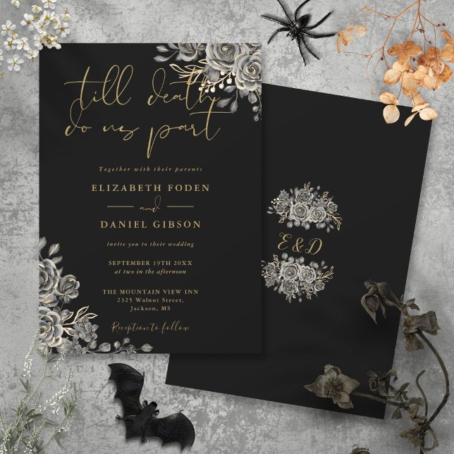 Schwarz-Gold-Gothic-Rose Einladung (Black And Gold Gothic Roses Floral Wedding Invitation)
