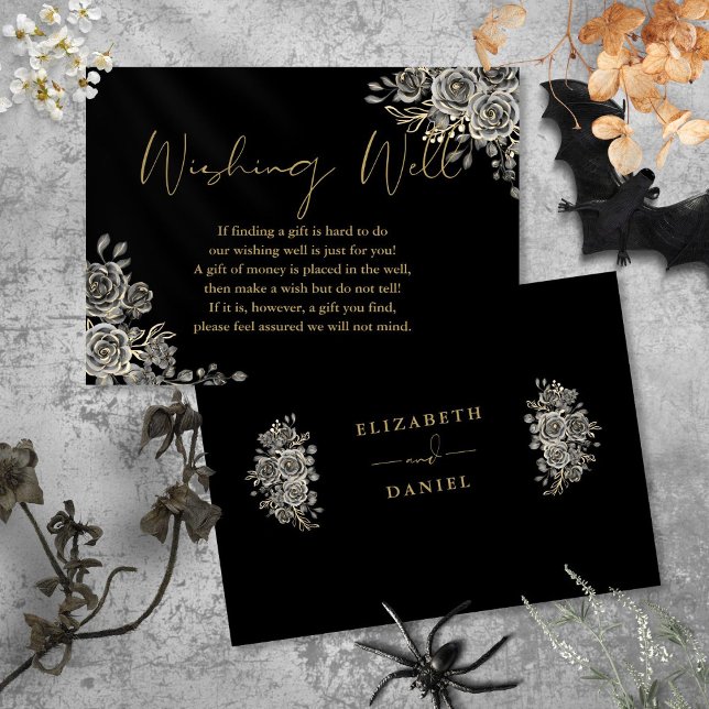 Schwarz-Gold-Gotik-Flora wünscht gute Hochzeit Begleitkarte (Black And Gold Gothic Floral Wishing Well Wedding Enclosure Card)