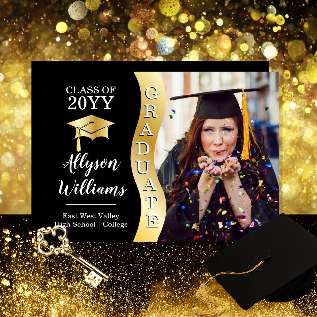 Schwarz | Gold Graduate Wave Grad Cap Foto Ankündigung (Black and Gold Tone Graduate Wave Grad Cap Photo Announcement for Print and/or Download)