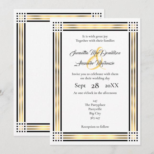 Schwarz-Gold-Grenzhochzeit Einladung (Vorne/Hinten)