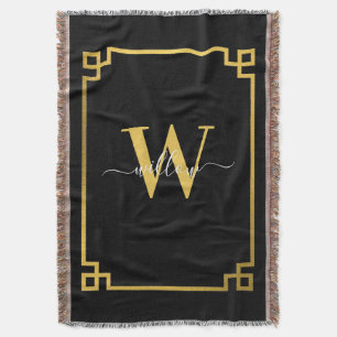 Schwarz-Gold-Griechisch-Mit Monogramm Throw-Blanke Decke
