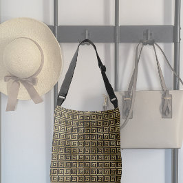 Schwarz-Gold-Griechisches Schlüsselmuster   Tragetaschen Mit Langen Trägern