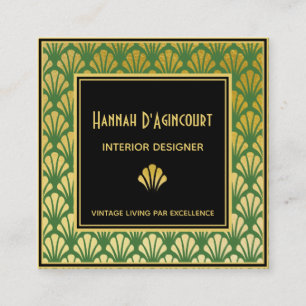 Schwarz, Gold, Grün Art Deco Fächer Muster Chic Quadratische Visitenkarte