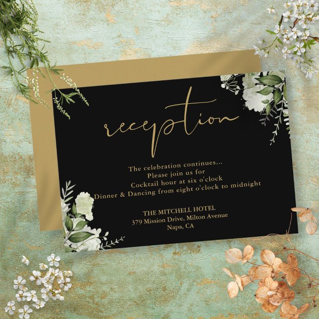 Schwarz-Gold-Grüne Hochzeitsempfang Begleitkarte (Black And Gold Greenery Wedding Reception Enclosure Card)