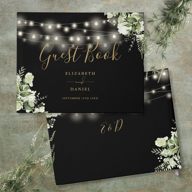 Schwarz-Gold-Grüne-Lichter Hochzeit Gästebuch (Black And Gold Greenery String Lights Wedding Guest Book)