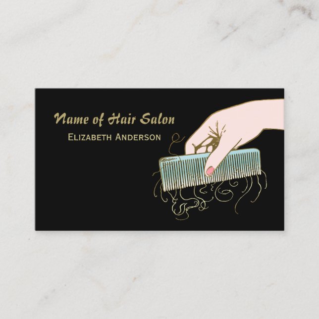 Schwarz-Gold-Haarsalon Vintag Comb and Curls Visitenkarte (Vorderseite)