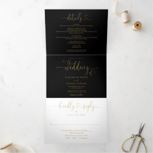 Schwarz-Gold-Herz-Hochzeit Dreifach Gefaltete Einladung