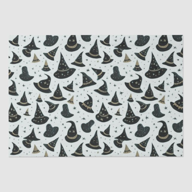 Schwarz-Gold-Hexe-Hats-Sterne-Grünes Halloween Seidenpapier (Vorderseite)