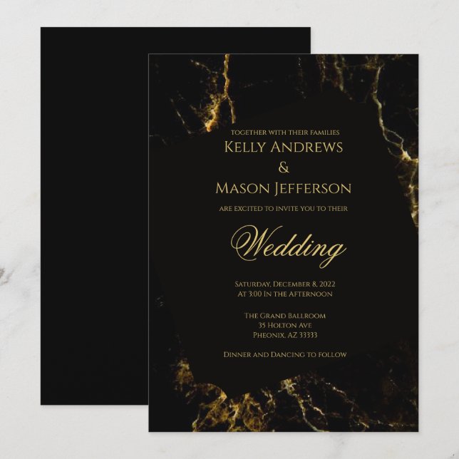 Schwarz-Gold-Hochzeit Einladung (Vorne/Hinten)