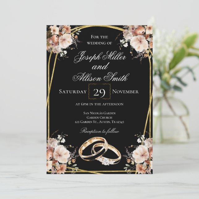 Schwarz-Gold-Hochzeit Einladung (Stehend Vorderseite)