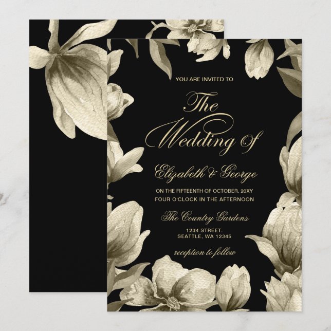 Schwarz-Gold-Hochzeit Einladung (Vorne/Hinten)