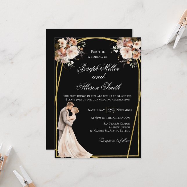 Schwarz-Gold-Hochzeit Einladung (Vorderseite/Rückseite Beispiel)