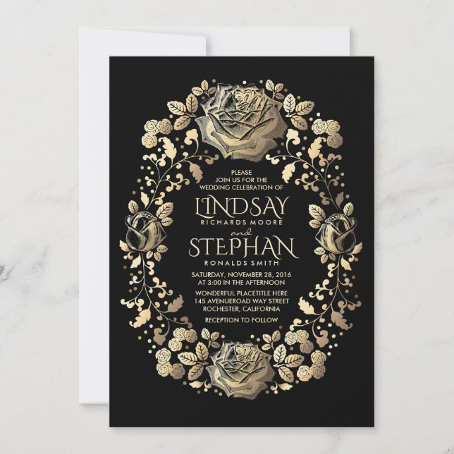 Schwarz-Gold-Hochzeit mit Vintagem Blumenkreide Einladung (Vorderseite)