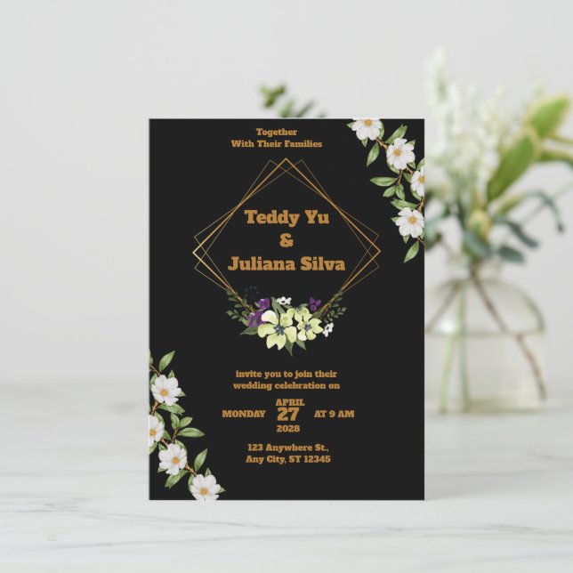 Schwarz-Gold-Hochzeitseinladung mit Blume Einladung (Stehend Vorderseite)