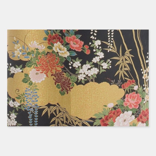 Schwarz-Gold-Japanische Kimono-Dekoupage Geschenkpapier Set (Vorderseite)