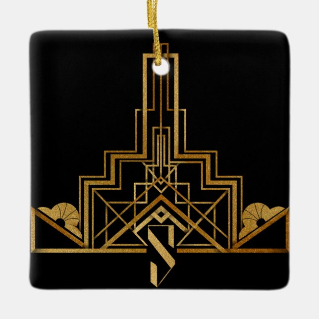 Schwarz-Gold-Jugendstil/Deko-Muster auf einem Keramikornament (Vorderseite)