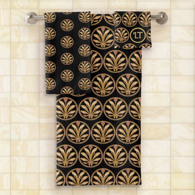 Schwarz-Gold Jugendstil-Motiv - Name hinzufügen Badhandtuch Set (Von Creator hochgeladen)