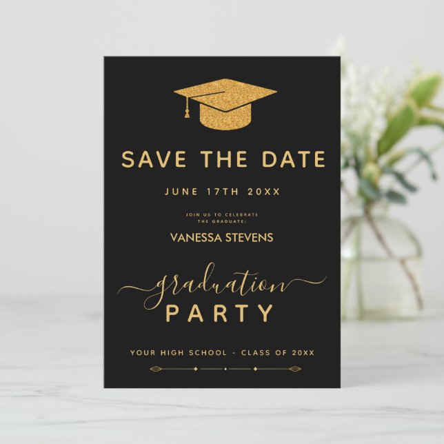 Schwarz-Gold-Klassik-Abschluss Save the Date Einladung (Stehend Vorderseite)