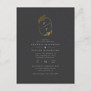 Schwarz-Gold-Leaf-Monogramm Moderne Hochzeit im Einladungspostkarte