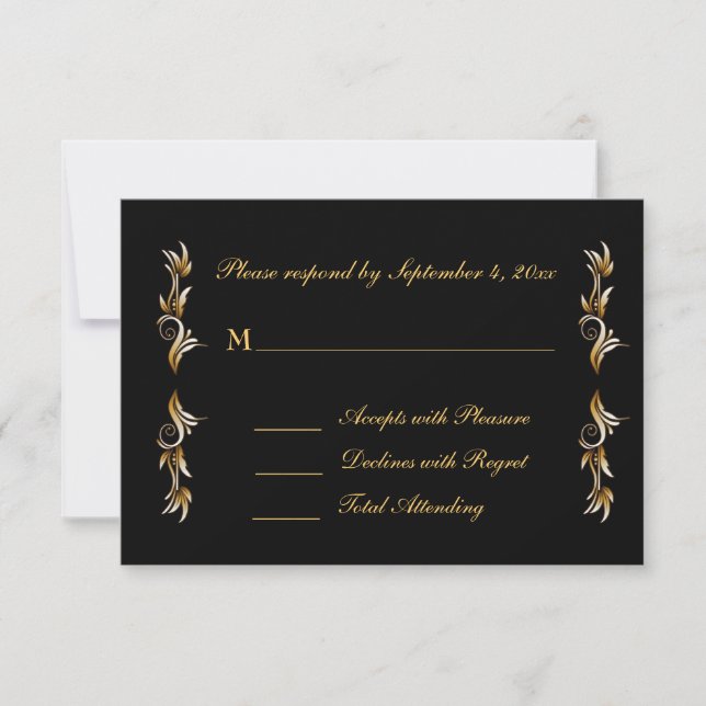 Schwarz, Gold Leaf Scroll Response RSVP Karte (Vorderseite)