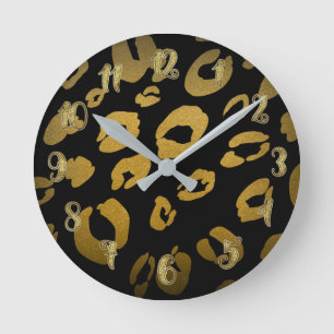 Schwarz & Gold Leopard Gepard Tierprint Runde Wanduhr