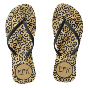 Schwarz/Gold Leopard Print Animal Print Monogram Flip Flops