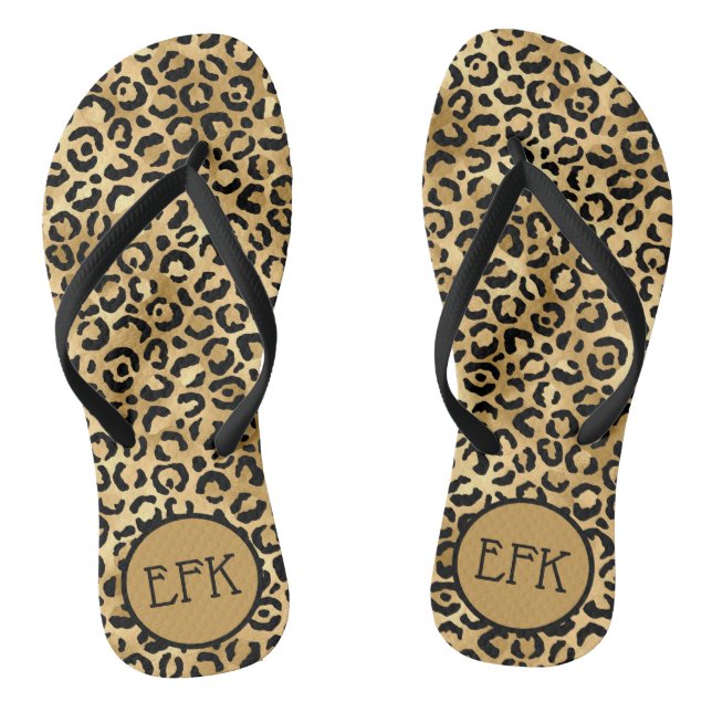 Schwarz/Gold Leopard Print Animal Print Monogram Flip Flops (Fußbett)