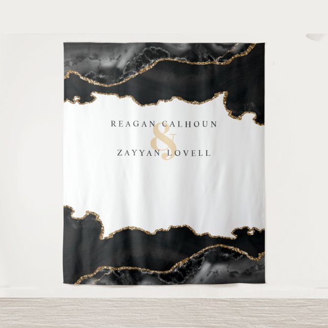 Schwarz-Gold Marmor Agate Modernes Hochzeitsfest F Wandteppich (Vorderseite)