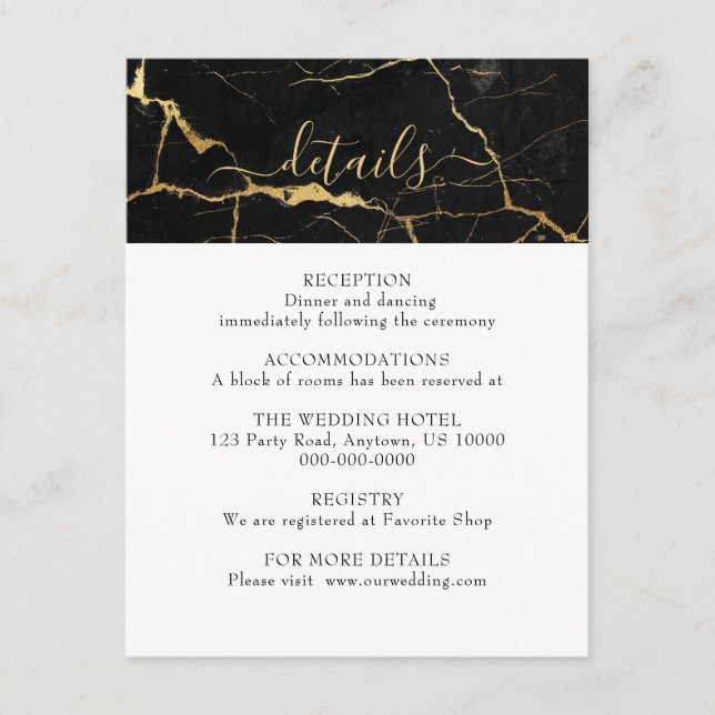 Schwarz-Gold-Marmor-Design-Hochzeit Begleitkarte (Vorderseite)