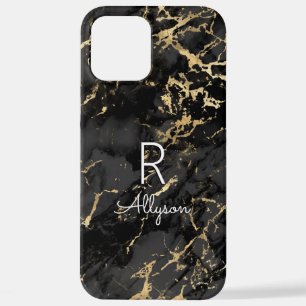 Schwarz-Gold-Marmor, DIY-Weiß-Name und Monogramm iPhone 12 Pro Max Hülle