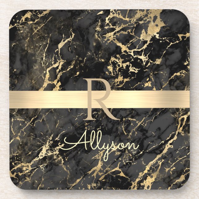 Schwarz-Gold-Marmor, Gold-Bar, DIY-Name und Monogr Getränkeuntersetzer (Vorderseite)