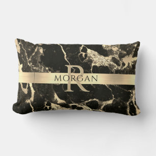 Schwarz+Gold-Marmor, Goldstreifen, Name+Monogramm, Lendenkissen