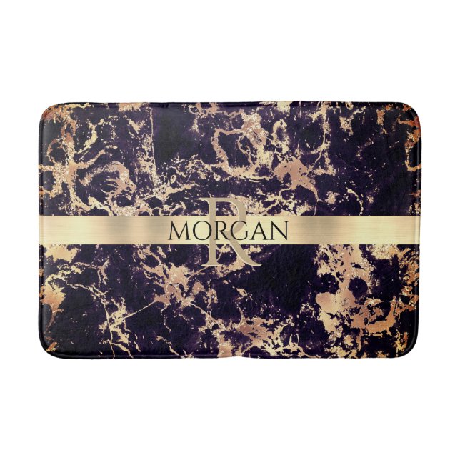 Schwarz+Gold Marmor LG Gold Streifen Name+Monogram Badematte (Vorderseite)