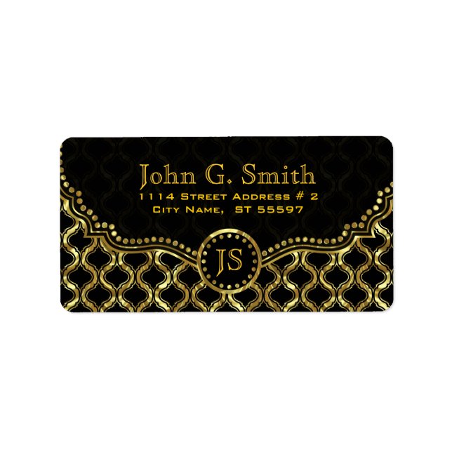 Schwarz-Gold-Metallic-Quatrefolienmuster Adressaufkleber (Vorne)