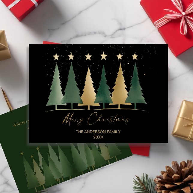 Schwarz & Gold Minimalistisch Moderne Weihnachtsbä Einladung (Black & Gold Minimalist Modern Christmas Trees Invitation)