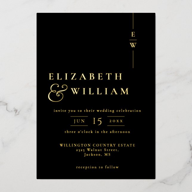 Schwarz-Gold-Minimalistisch-Monogramm-Hochzeit Folieneinladung (Vorderseite)